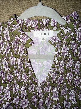 THML Olive and Lilac Floral Smocked V-Neck Blouse